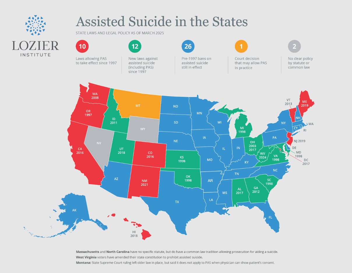 Map of assisted suicide legality in the US
